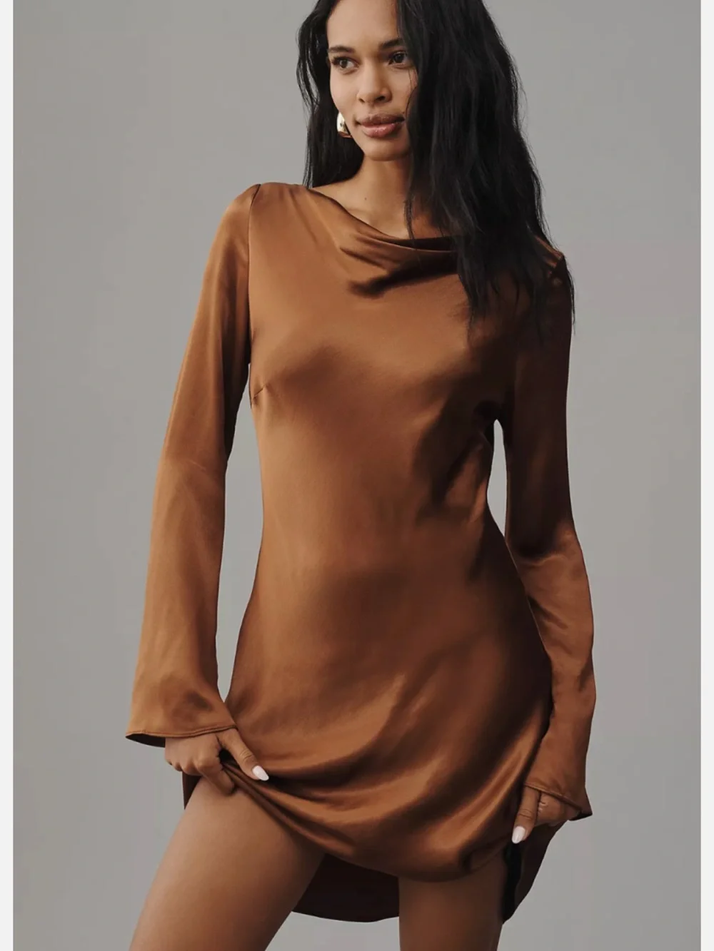 Anthropologie Bronze Satin Long-Sleeve Mini Dress